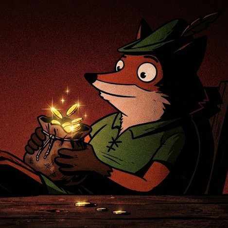 An anthropomorphic fox character wearing a green Robin Hood-style hat holds a glowing sack of gold coins, directly tying into the post's promotion of the $ROBFOX token presale by playing on the "Rob" in Robinhood. The post invites users to share their Ethereum (ETH) addresses alongside the token ticker $ROBFOX, using the cartoon fox as a branded mascot to reinforce the playful, treasure-hunting theme of the presale.
