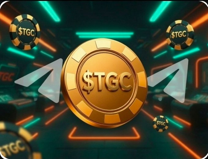 A promotional graphic featuring a large golden coin with '$TGC' inscribed on it, surrounded by smaller poker chips and neon green and orange lights.