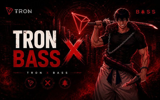 Promotional banner for "TRON x BASS" featuring an anime-style warrior with a chained sword against a dark red Tron-themed background, advertising TRON DAO's sponsorship of the Stanford Summit on Blockchain Application (BASS) 2026.