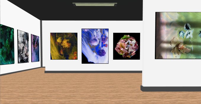 A 3D-rendered virtual art gallery with wooden floors and white walls displaying various framed digital artworks including abstract pieces and images of bees.