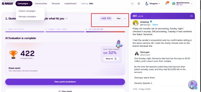 A screenshot of the RALLY platform showing an AI evaluation result with "422 PTS" highlighted in a red box, a trophy icon, and a submission accepted message alongside a community post about a GenLayer story.