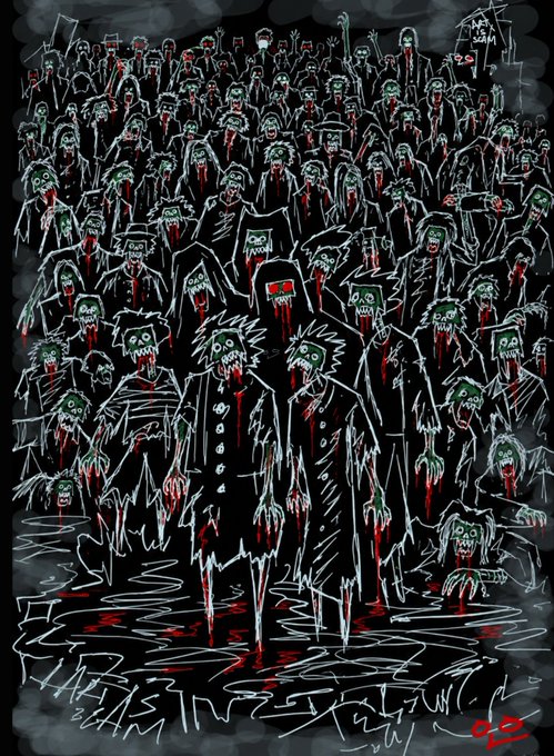 A dark, sketchy illustration of a horde of green-skinned zombies wearing black clothing with red accents, standing in a pool of red liquid.