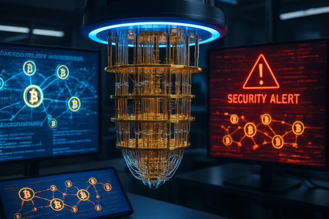A glowing golden quantum computing cylinder sits between two monitors; the left displays blockchain/Bitcoin network graphics in blue, while the right shows a red 'SECURITY ALERT' warning.