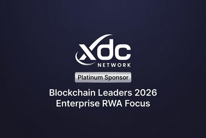 A title card for XDC Network as a Platinum Sponsor of 'Blockchain Leaders 2026 Enterprise RWA Focus.'