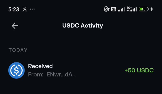 A mobile screenshot of a USDC Activity page showing a 'Received' transaction of '+50 USDC' from 'ENwr...dA...' under a TODAY heading.