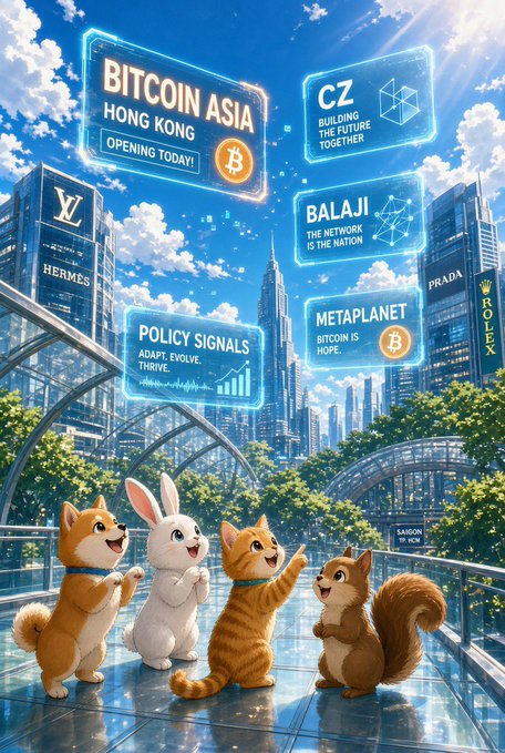 A digital illustration features cartoon animals in a futuristic city with holographic billboards advertising 'BITCOIN HONG KONG ASIA OPENING TODAY!', 'CZ BUILDING THE FUTURE TOGETHER', 'BALAJI THE NETWORK IS THE NATION', 'POLICY SIGNALS ADAPT. EVOLVE. THRIVE.', and 'METAPLANET BITCOIN IS HOPE.'