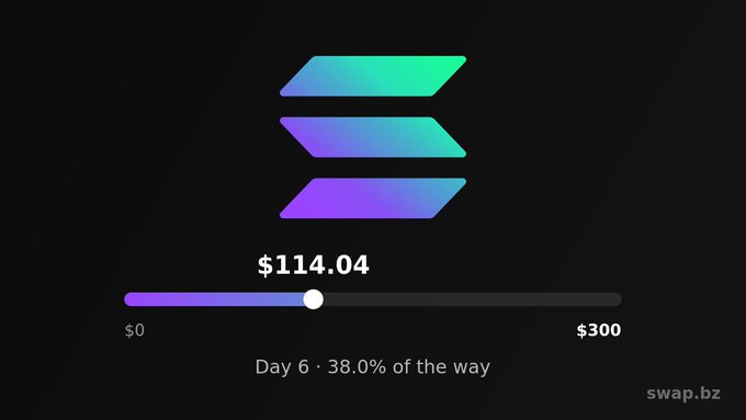 A Solana (SOL) progress tracker graphic on swap.bz shows the logo above a progress bar indicating the price is at $114.04 out of a $300 target, marking Day 6 with 38.0% completion and $185.96 remaining to reach the goal.