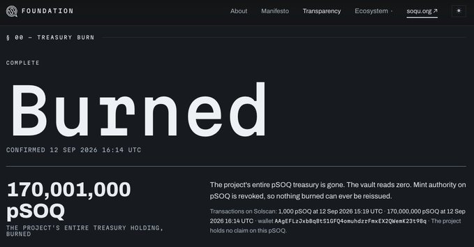 A webpage titled 'Burned' shows a treasury burn confirmation dated 12 Sep 2026 16:14 UTC, indicating that 170,001,000 pSOQ tokens were permanently destroyed with mint authority revoked.