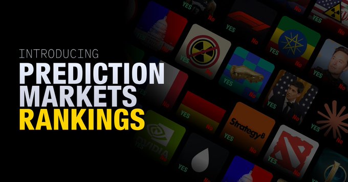 A promotional graphic announcing "Prediction Markets Rankings" with bold white and yellow text on a black background, featuring a tilted grid of prediction market tiles displaying YES/NO options, flags, images of political figures, and company logos including Nvidia, Strategy, and a red V-shaped icon. The image visually reinforces the announcement by showcasing the variety of prediction market categories (politics, crypto, geopolitics) that the new Elo ranking system on Arkham Intel will evaluate.