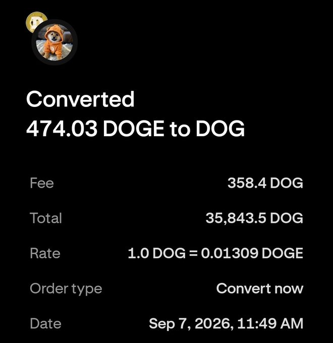 A crypto transaction confirmation showing 'Converted 474.03 DOGE to DOG' with a fee of 358.4 DOG, total of 35,843.5 DOG, rate of 1.0 DOG = 0.01309 DOGE, dated Sep 7, 2026.