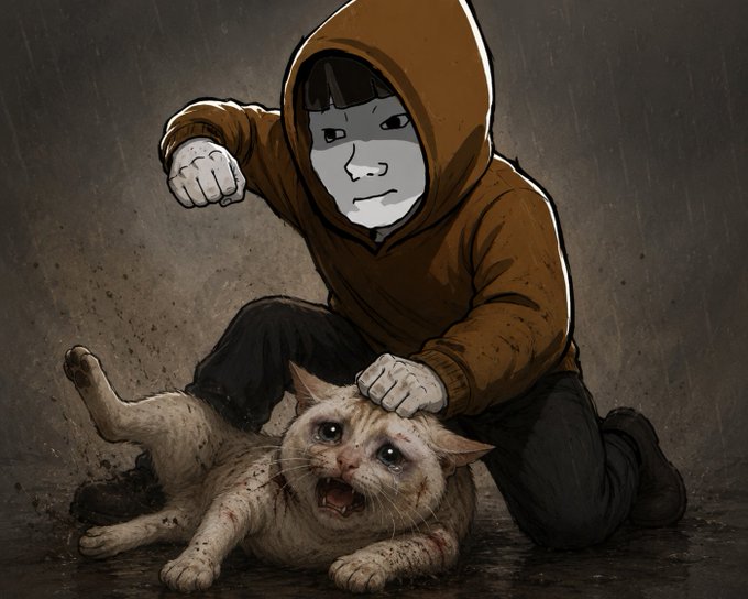 A somber digital illustration depicts a child in a brown hoodie with a raised fist, pinning down a frightened, dirty kitten on a rain-soaked ground.