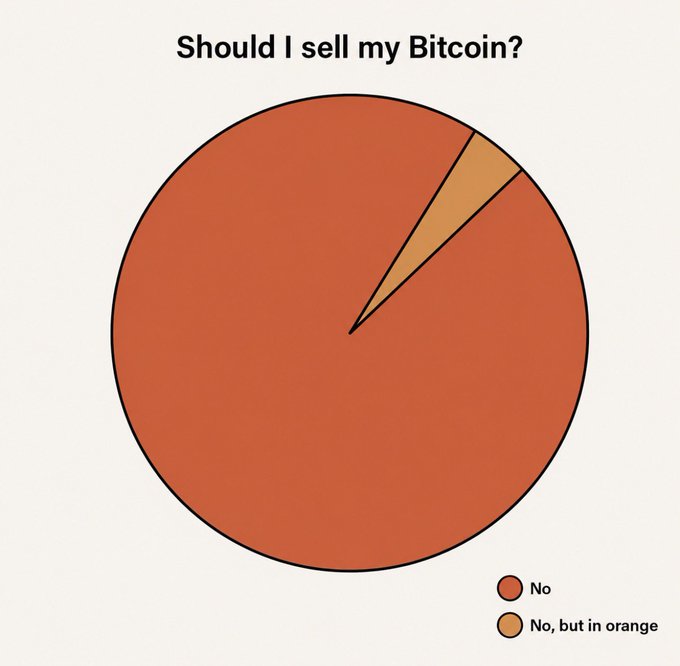 A pie chart titled "Should I sell my Bitcoin?" shows an overwhelmingly large red-orange "No" segment and a tiny orange "No, but in orange" slice, humorously demonstrating that the answer is "No" regardless of the color it appears in.