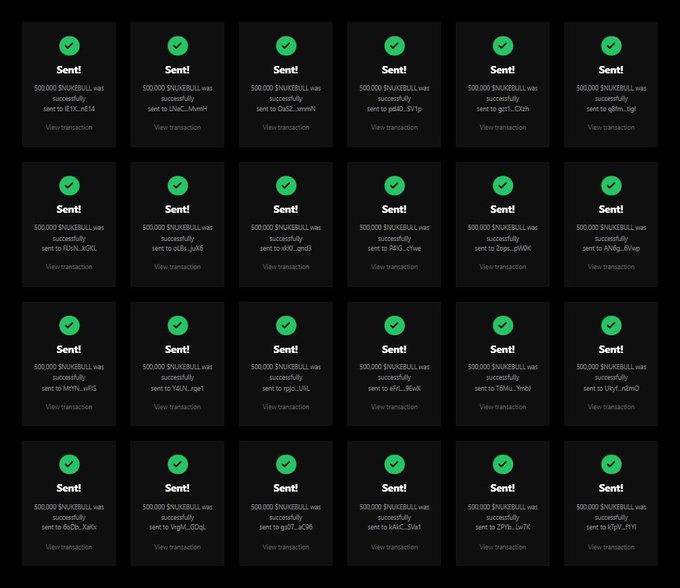 A grid of 24 transaction confirmation notifications, each showing a green checkmark and "Sent! 500,000 $NUKEBULL was successfully sent" to various crypto addresses, followed by a "View transaction" link—visually backing the claim of a $NUKEBULL token airdrop on Solana being distributed to participants.