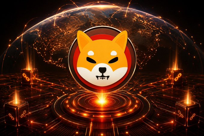 A stylized 3D rendering of the Shiba Inu coin logo centered on a circular platform, set against a dark background with a glowing globe and surrounding chain link icons.