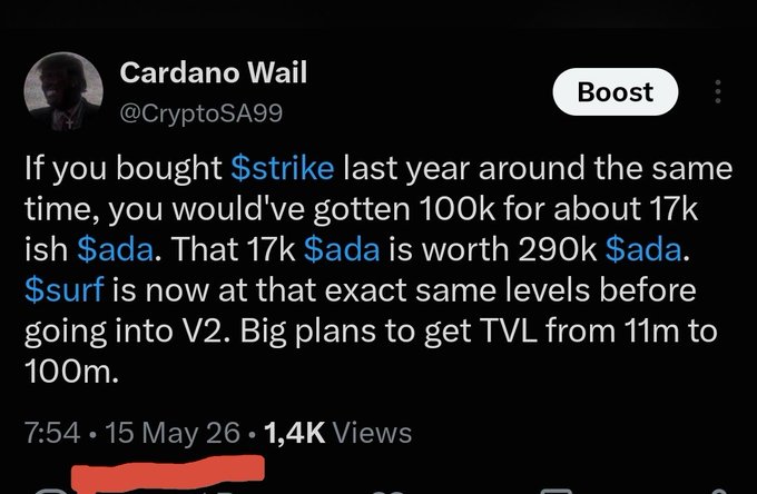 Tweet by Cardano Wail (@CryptoSA99) discussing $strike, $ada, and $surf tokens, mentioning plans to increase TVL from 11m to 100m, dated 15 May 26.