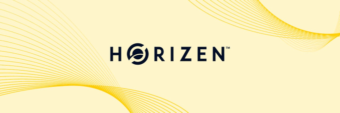 A logo graphic for 'HORIZEN' displayed in dark blue text with a stylized H emblem, set against a cream background with flowing yellow wave lines.