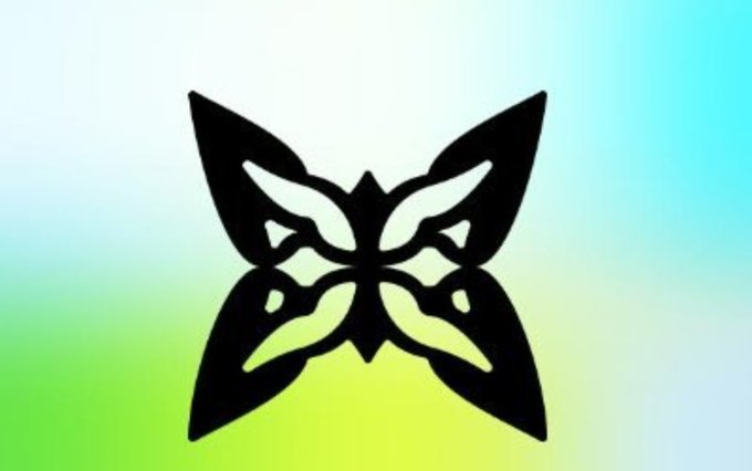 A black butterfly-shaped logo with pointed, sharp wings displayed against a gradient green and blue background.