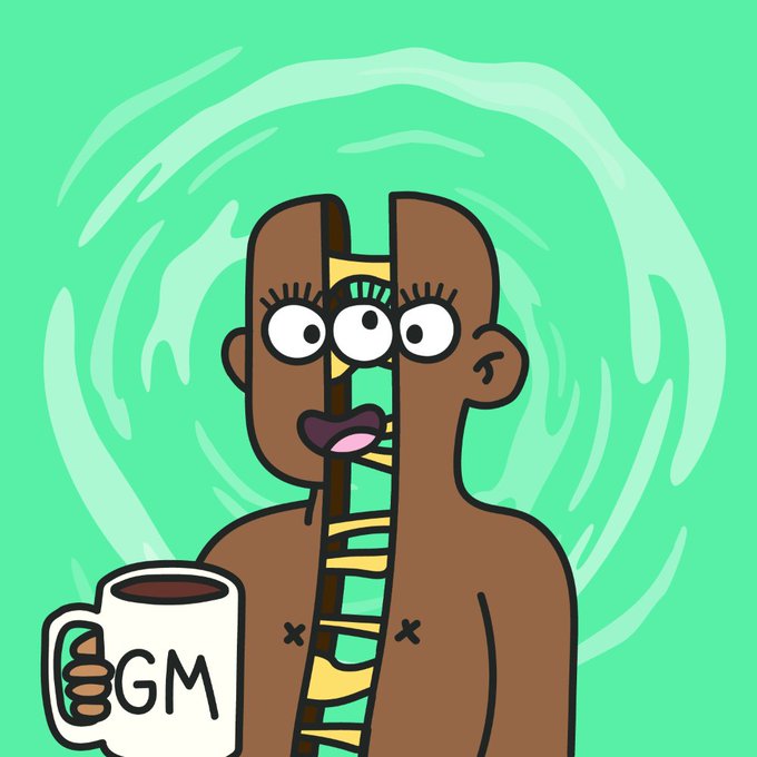 An illustration of a figure split down the middle with three eyes, holding a coffee mug labeled 'GM' against a green background.