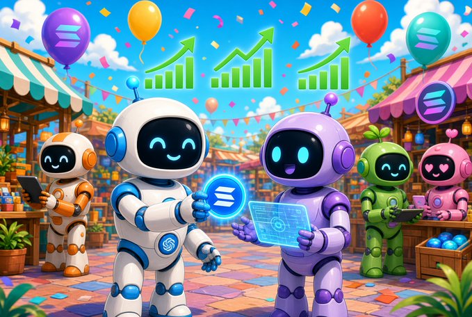 Colorful 3D cartoon illustration of multiple cute robots celebrating in a marketplace, with one holding a glowing Solana (SOL) token and green upward arrows indicating growth.