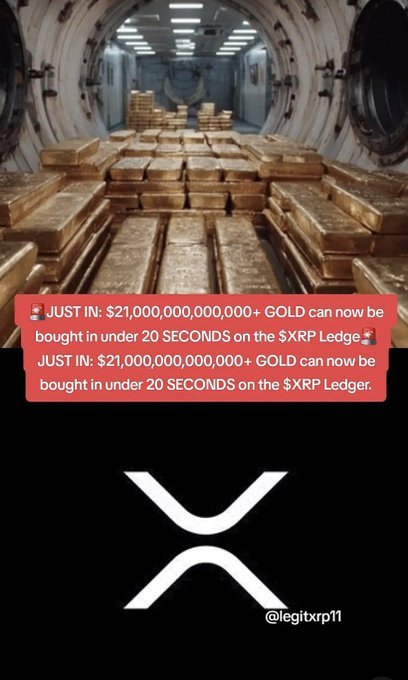 Image of stacked gold bars in a vault with an overlay reading 'JUST IN: $21,000,000,000,000+ GOLD can now be bought in under 20 SECONDS on the $XRP Ledger,' with the XRP logo and @legitxrp11 handle.