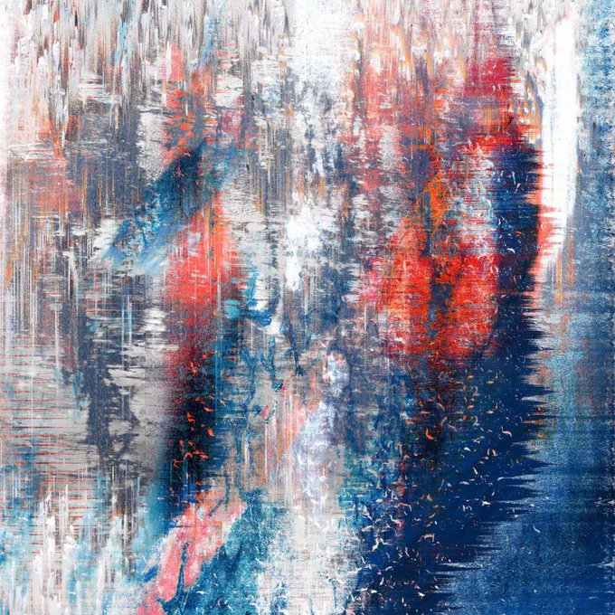 An abstract textured artwork featuring vertical streaks and blended strokes of blue, red, white, and orange, resembling a glitch or distressed paint effect.