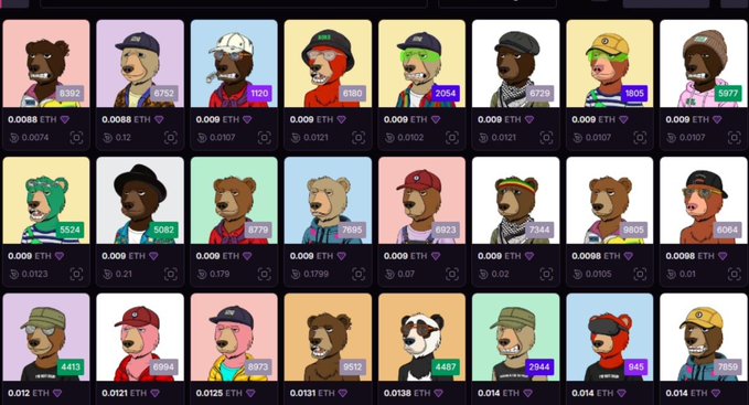 A grid of NFT profile pictures featuring various cartoon bears, dogs, and characters with prices displayed in ETH ranging from 0.008 to 0.014.