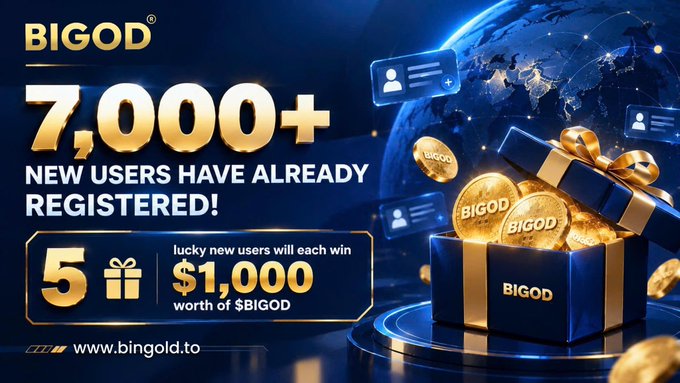 A promotional advertisement for 'BIGOD' announcing '7,000+ NEW USERS HAVE ALREADY REGISTERED!' with an offer of 5 lucky winners each receiving $1,000 worth of $BIGOD, directing to www.bingold.to.