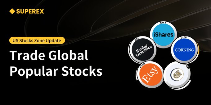 A SuperEx promotional graphic titled "US Stocks Zone Update" with the headline "Trade Global Popular Stocks" features circular icons representing brands like iShares (EWY), Corning (GLW), EssilorLuxottica (EL), Etsy (ETSY), and ETV, showcasing the platform's new US stock listings scheduled for October 22.