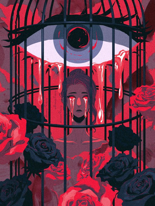 A dark digital illustration featuring a woman with red eyes behind the bars of a cage, surrounded by red and black roses, with a large eye in the background dripping red.