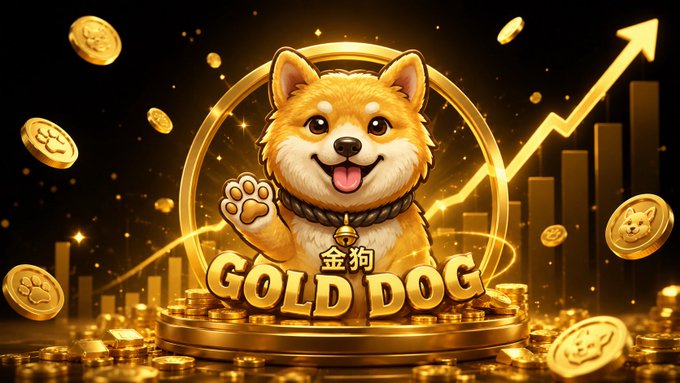 A smiling Shiba Inu dog wearing a gold chain sits inside a golden coin with "GOLD DOG" and "金狗" text, surrounded by floating gold coins and an upward-trending chart arrow — visually promoting the #金狗 token as a rising opportunity being actively accumulated, mirroring the post's message of building a low-market-cap position before broader FOMO kicks in.