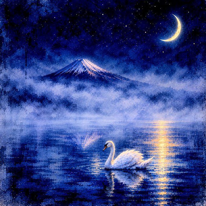 A watercolor painting depicting a serene nighttime scene with a white swan gliding on water under a starry sky, featuring a crescent moon and a snow-capped mountain (resembling Mount Fuji) in the background.