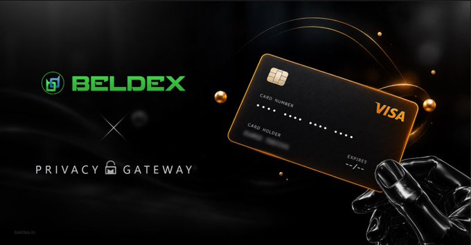 An advertisement for 'BELDEX' showing a futuristic Visa credit card being held by a robotic hand, with the tagline 'PRIVACY GATEWAY.'