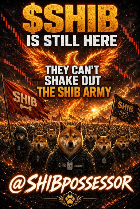The image depicts a phalanx of Shiba Inu dogs in military attire, holding flags with "$SHIB" emblazoned on them, with the text "$SHIB IS STILL HERE. THEY CAN'T SHAKE OUT THE SHIB ARMY" overlayed. This visually reinforces the accompanying post's message about the resilience of the $SHIB community and its refusal to be shaken out by market volatility.