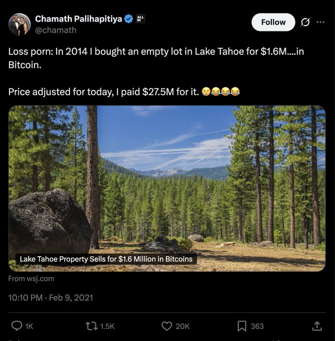 A tweet by Chamath Palihapitiya (@chamath) reads, “Loss porn: In 2014 I bought an empty lot in Lake Tahoe for $1.6M...in Bitcoin. Price adjusted for today, I paid $27.5M for it,” above a forested property photo labeled “Lake Tahoe Property Sells for $1.6 Million in Bitcoins.”