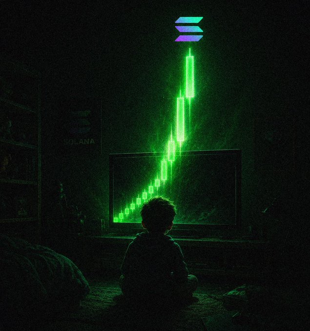 A dark, stylized illustration of a child sitting before a monitor displaying a rising green candlestick chart, with a purple and teal 'Solana' logo glowing above.