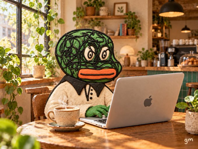 A plush Pepe the Frog character sits at a sunlit café table working on a MacBook laptop, with a steaming cup of coffee beside them and the letters "gm" in the corner—perfectly matching the cheerful "good morning" vibe of the post about coffee, a fresh timeline, and a new day to build.
