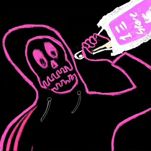 The image features a black background with a pink skull drawing, which appears to be made of chalk or pastel. The skull has a face and is holding a bottle of something, possibly a drink or a powder. The text "rektguy" can also be seen in the image. The post seems to be promoting an item for sale, as it says that the skull drawing was sold by sugarkaa.eth opensea.io/assets/ethereu ... and is being bought by someone named 0x58ed...df72.