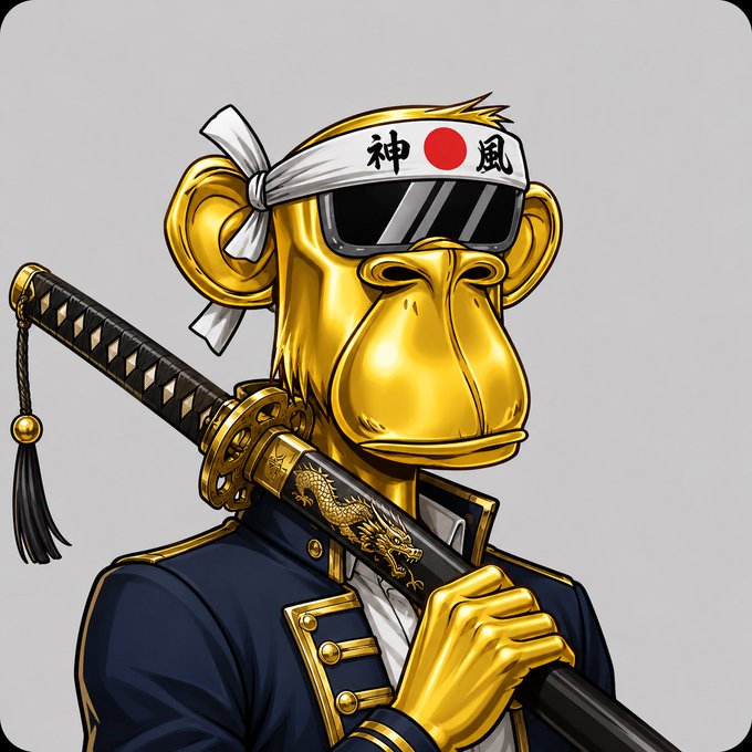 Stylized illustration of a golden monkey wearing a Japanese headband (神風) and sunglasses, dressed in a blue military-style uniform while holding a katana sword.