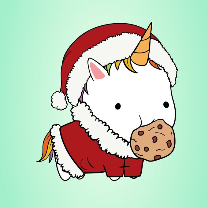 A cute cartoon illustration of a white unicorn with a golden horn and rainbow mane, wearing a red Santa hat and coat while holding a chocolate chip cookie.