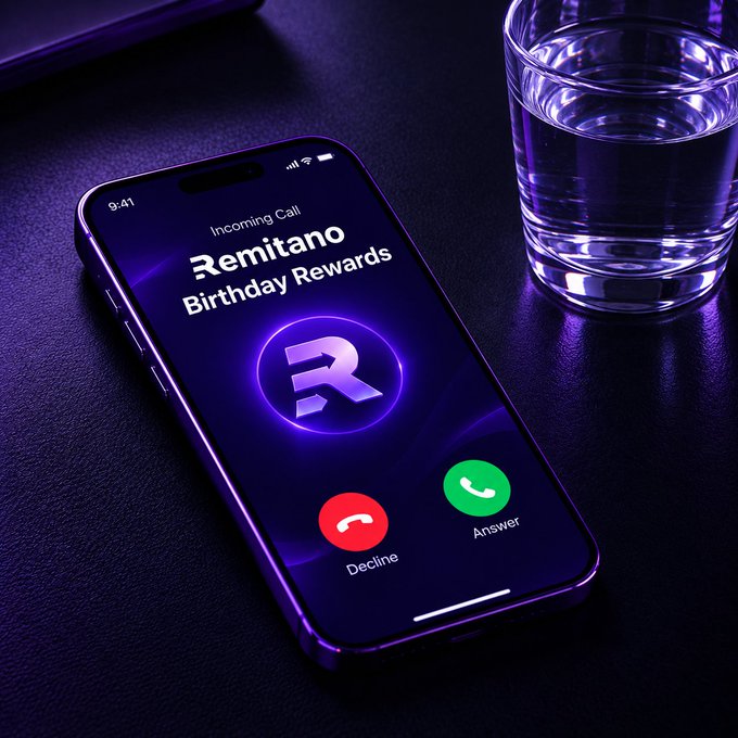 A smartphone displays an incoming call on a dark surface next to a glass of water, with the caller ID showing 'Remitano Birthday Rewards'.