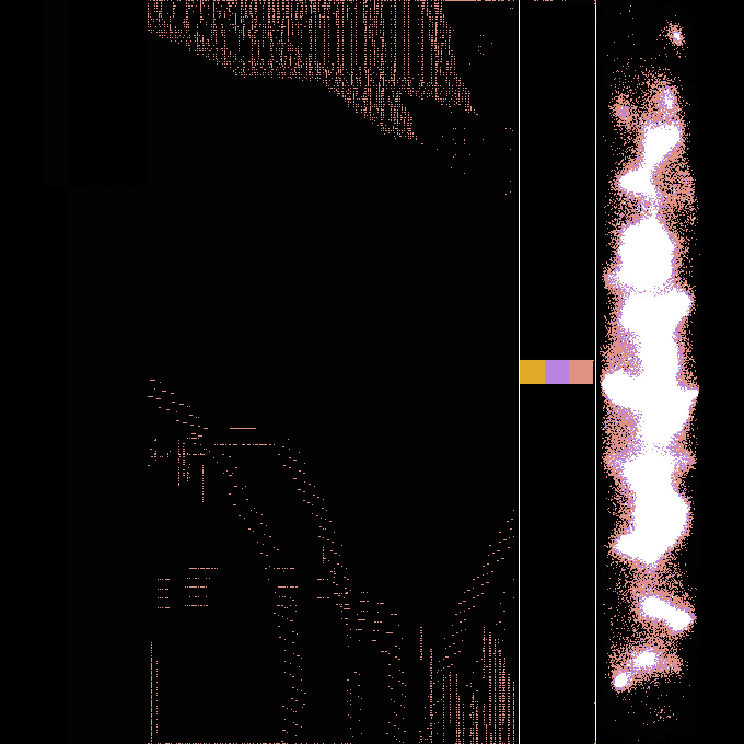 An abstract dark image with distorted red and pink dotted patterns and a small vertical strip of yellow, purple, and pink squares in the center-right area.