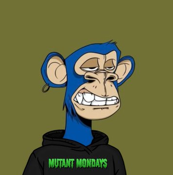 A cartoon-style illustration of a blue monkey-like character wearing a black hoodie with green text reading 'MUTANT MONDAYS' against an olive green background.