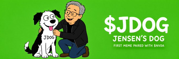 A cartoon-style promotional graphic for '$JDOG - JENSEN'S DOG - FIRST MEME PAIRED WITH $NVDA' featuring an illustration of Jensen Huang kneeling next to a black and white dog labeled 'JDOG' on a green background.