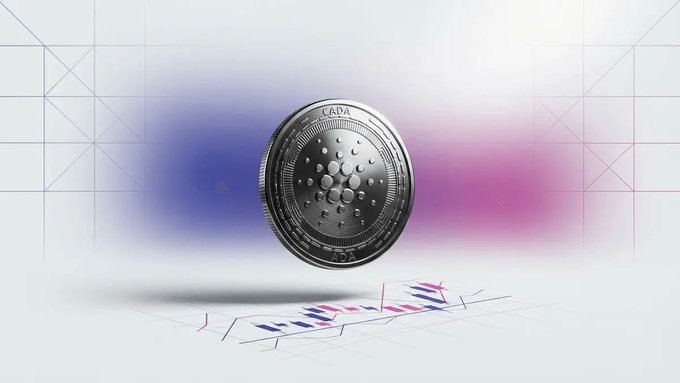 A physical Cardano (ADA) coin floats above a blueprint-style floor bearing the ADA logo, set against a backdrop of blue and magenta color gradients. The image visually represents the upcoming Van Rossem hard fork and whale accumulation activity mentioned in the article, symbolizing anticipation around Cardano's network upgrade.