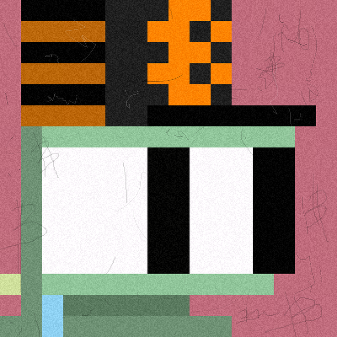 An abstract geometric composition featuring a pink background with a black and orange pixelated shape in the upper left and a striped black-and-white element bordered in sage green in the center.