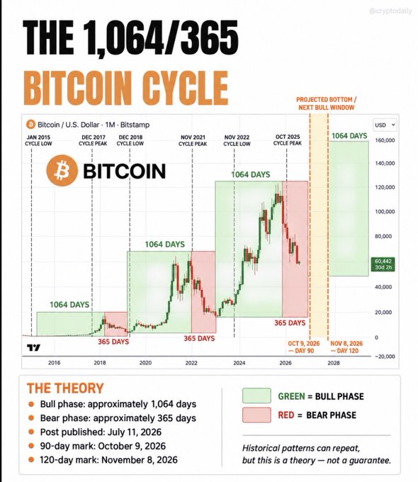 A TradingView 1-month BTC/USD chart illustrating the "1,064/365 Bitcoin Cycle Theory," showing historical 1,064-day bull phases (green) and ~365-day bear phases (red), with projected dates of October 9, 2026 (90-day mark) and November 8, 2026 (120-day mark) marking the expected bottom and next bull window.