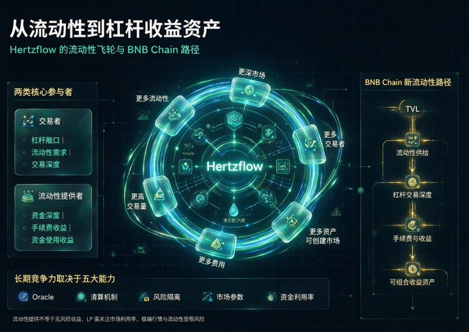 Chinese-language infographic titled '从流动性到杠杆收益资产' (From Liquidity to Leveraged Yield Assets) about Hertzflow's liquidity flywheel and BNB Chain path, showing core participants, market benefits, and five competitive capabilities including Oracle and settlement mechanisms.