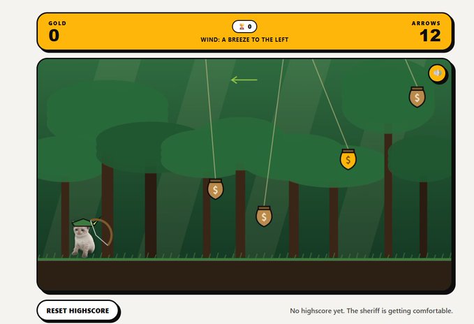 Browser game featuring a cat with a bow shooting arrows at gold coin bags hanging in a forest, with 0 gold, 12 arrows, and wind blowing to the left.