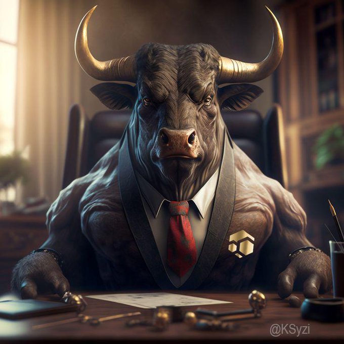 A digital illustration of a muscular anthropomorphic bull wearing a gray suit and red tie, sitting at a desk with a Binance logo on its lapel.