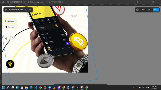 A Figma design workspace showing a crypto wallet app design with a $500.41 balance, Bitcoin symbol, and Ethereum logo, with badges for Google Play and App Store availability.